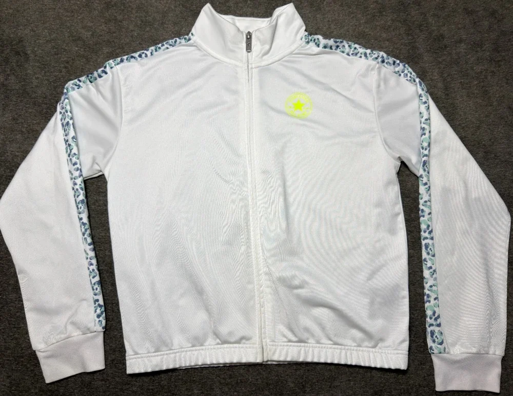 Converse All Star Girls Track Jacket XL 13-15 White Leopard Tape Neon Logo Zip